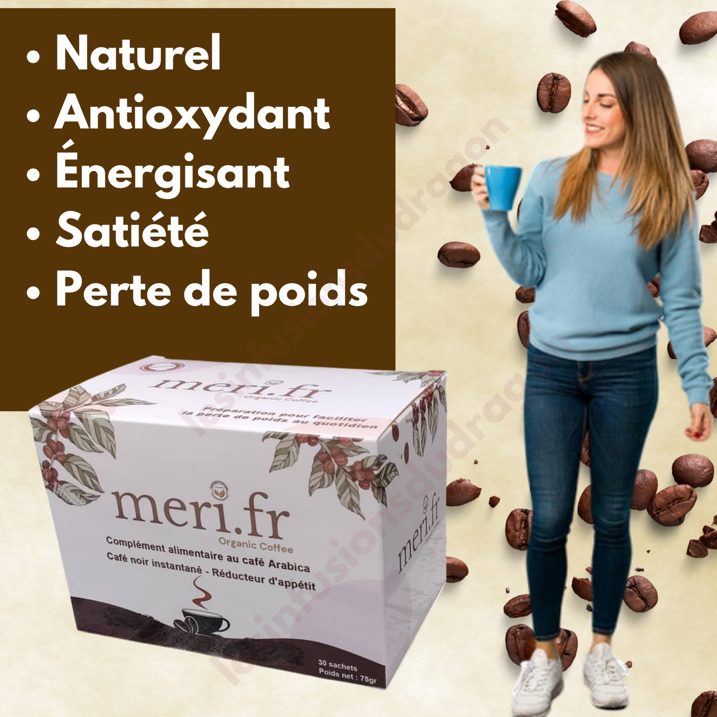 Meri.fr – Café noir instantané | Réducteur d’appétit | Complément alimentaire à base de plantes 1 Boîte