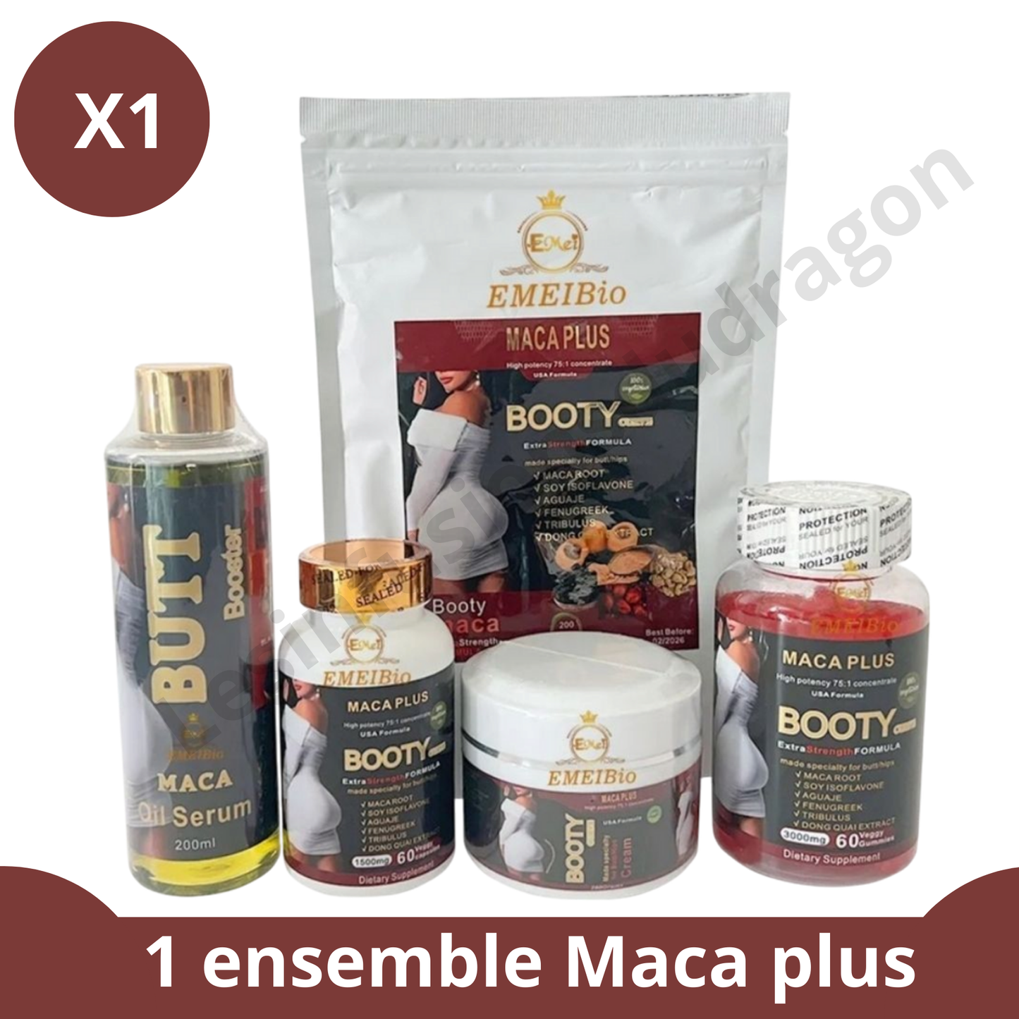 Coffret : Huile Sérum 200ml + Crème 200g + 60 Capsules + 60 Gummies + poudre de maca 200g