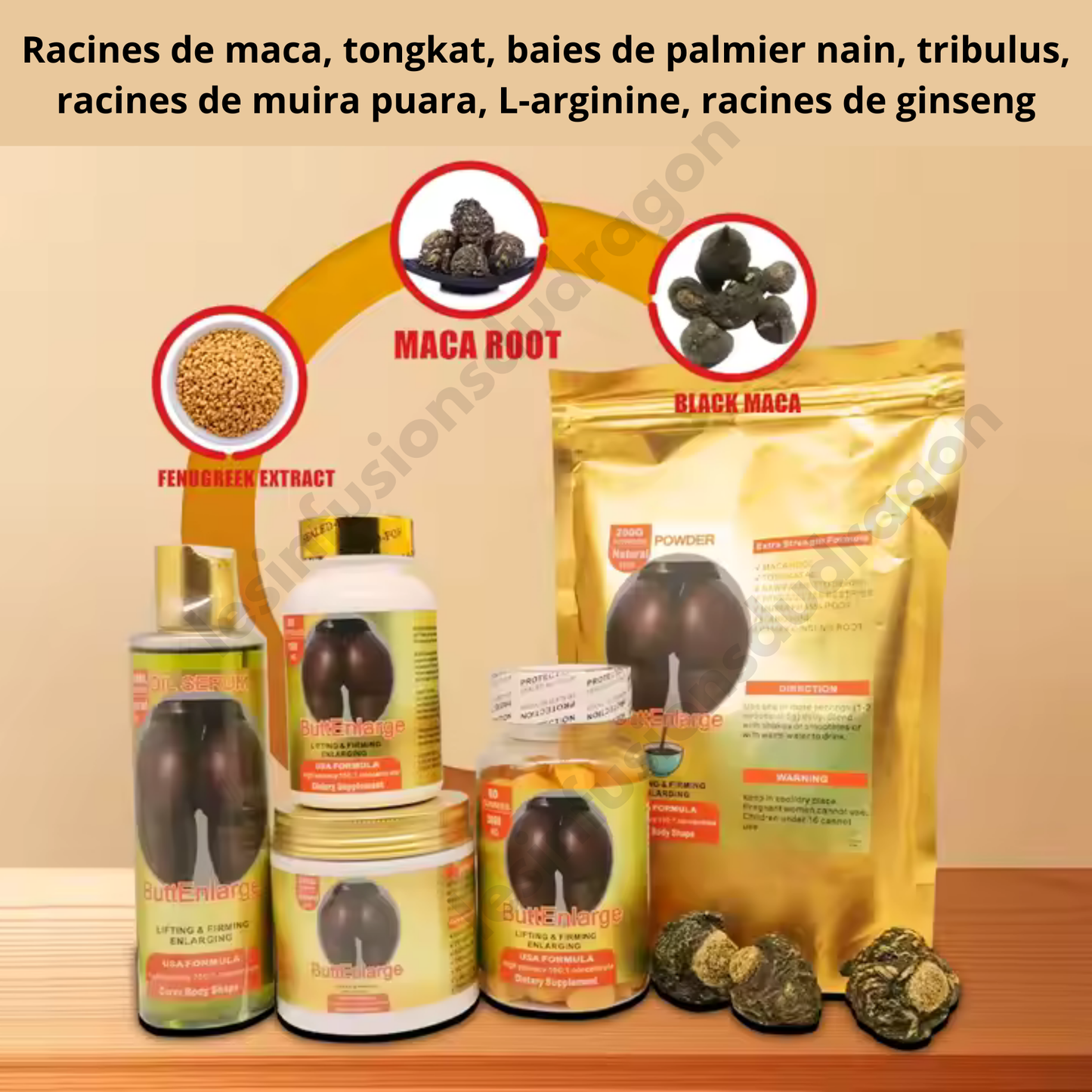 Coffret super dosé : Huile Sérum ButtEnlarge 200ml + Crème ButtEnlarge 200g + 60 Capsules ButtEnlarge 1500 mg + 60 Gummies ButtEnlarge 3000 mg + Poudre de maca ButtEnlarge 200g