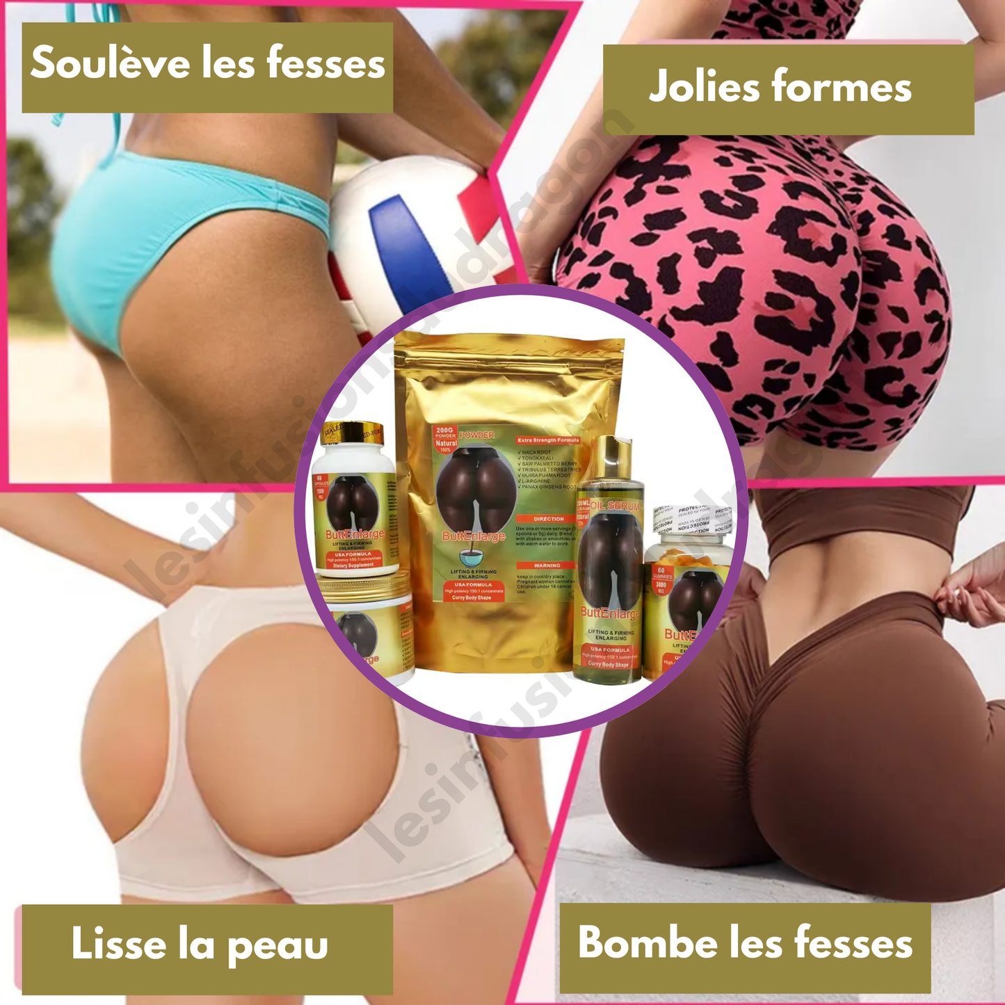 Coffret super dosé : Huile Sérum ButtEnlarge 200ml + Crème ButtEnlarge 200g + 60 Capsules ButtEnlarge 1500 mg + 60 Gummies ButtEnlarge 3000 mg + Poudre de maca ButtEnlarge 200g