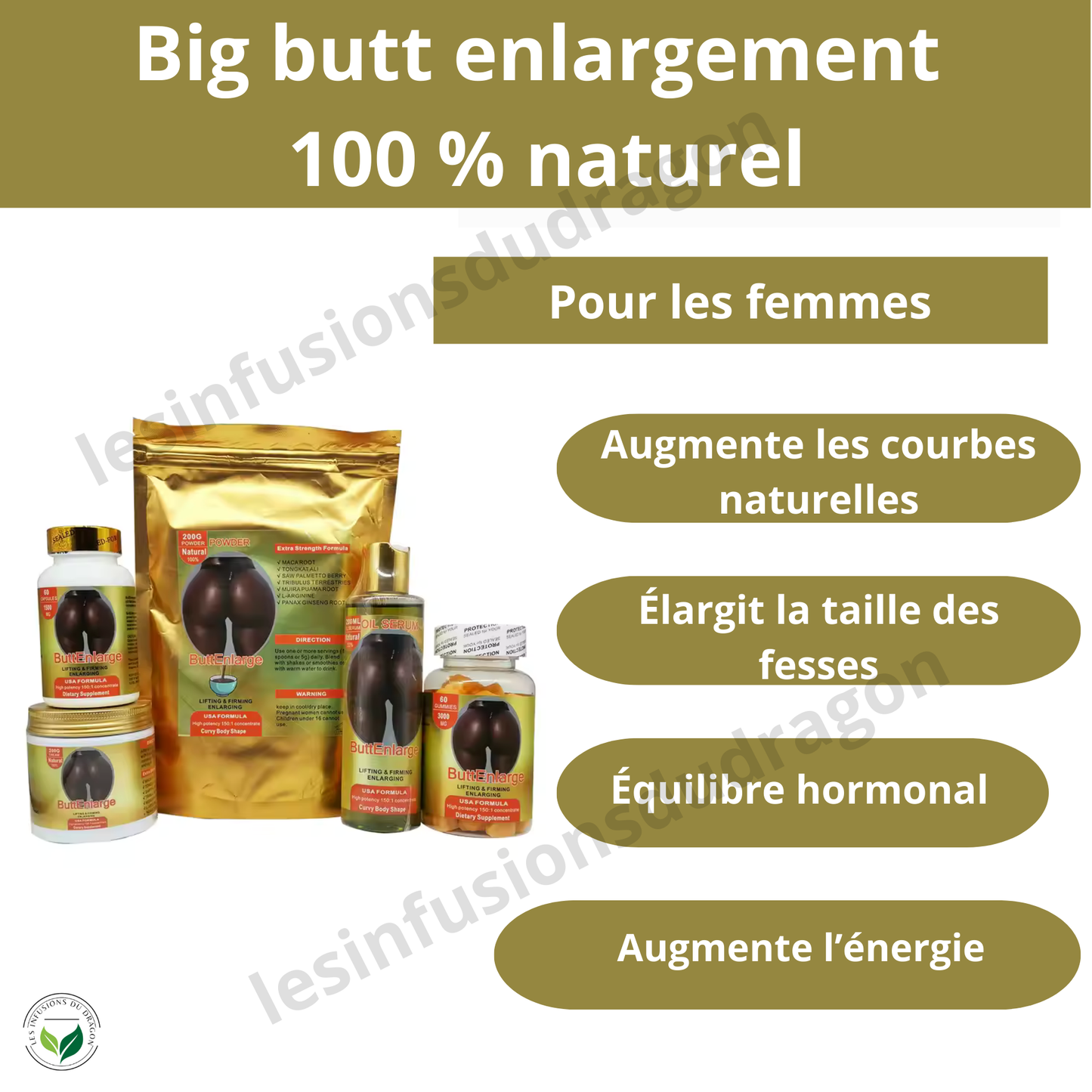 Coffret super dosé : Huile Sérum ButtEnlarge 200ml + Crème ButtEnlarge 200g + 60 Capsules ButtEnlarge 1500 mg + 60 Gummies ButtEnlarge 3000 mg + Poudre de maca ButtEnlarge 200g