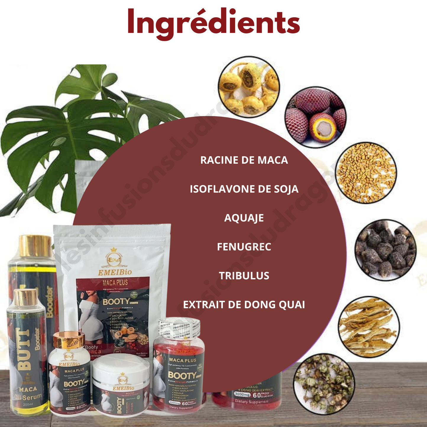 Coffret : Huile Sérum 200ml + Crème 200g + 60 Capsules + 60 Gummies + poudre de maca 200g