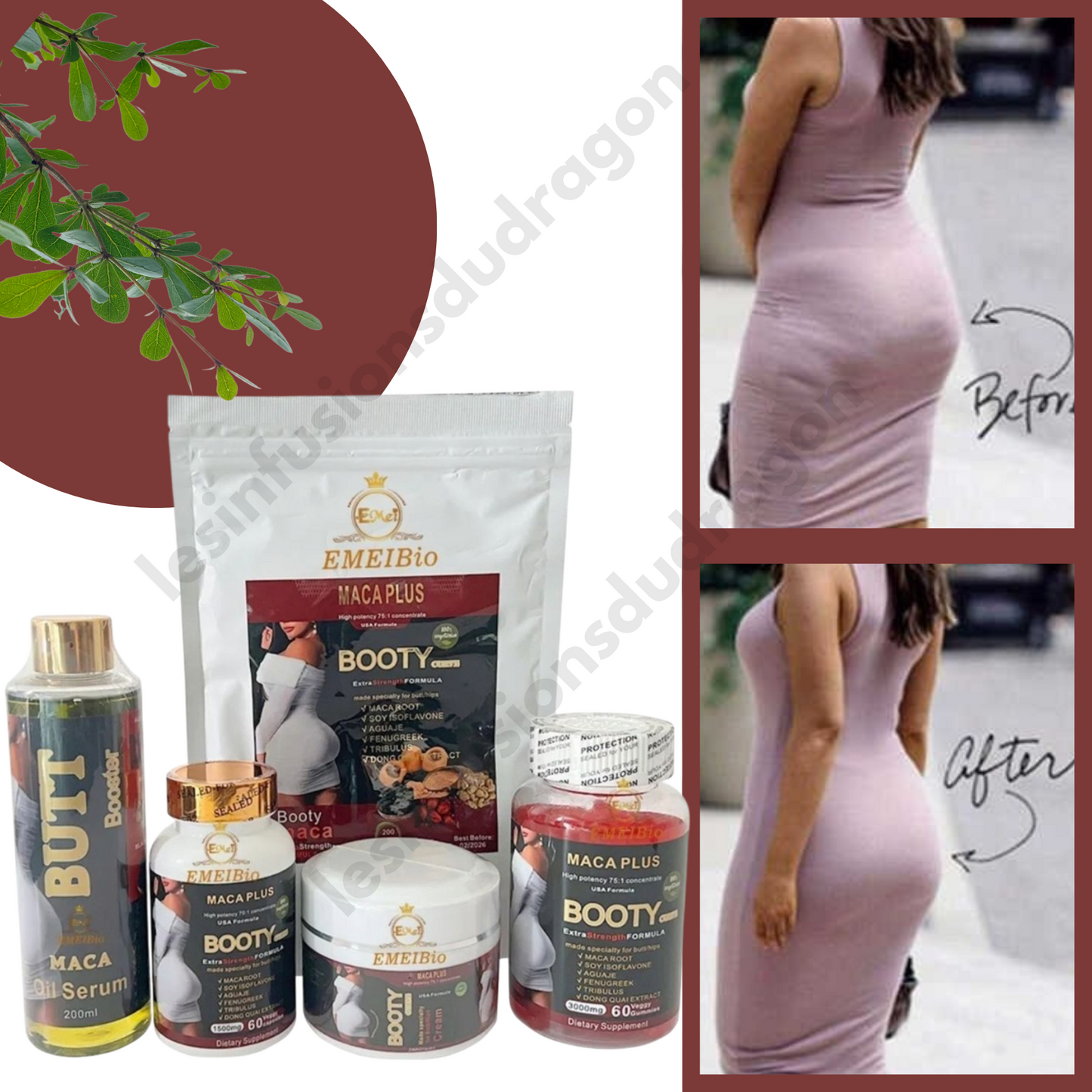 Coffret : Huile Sérum 200ml + Crème 200g + 60 Capsules + 60 Gummies + poudre de maca 200g