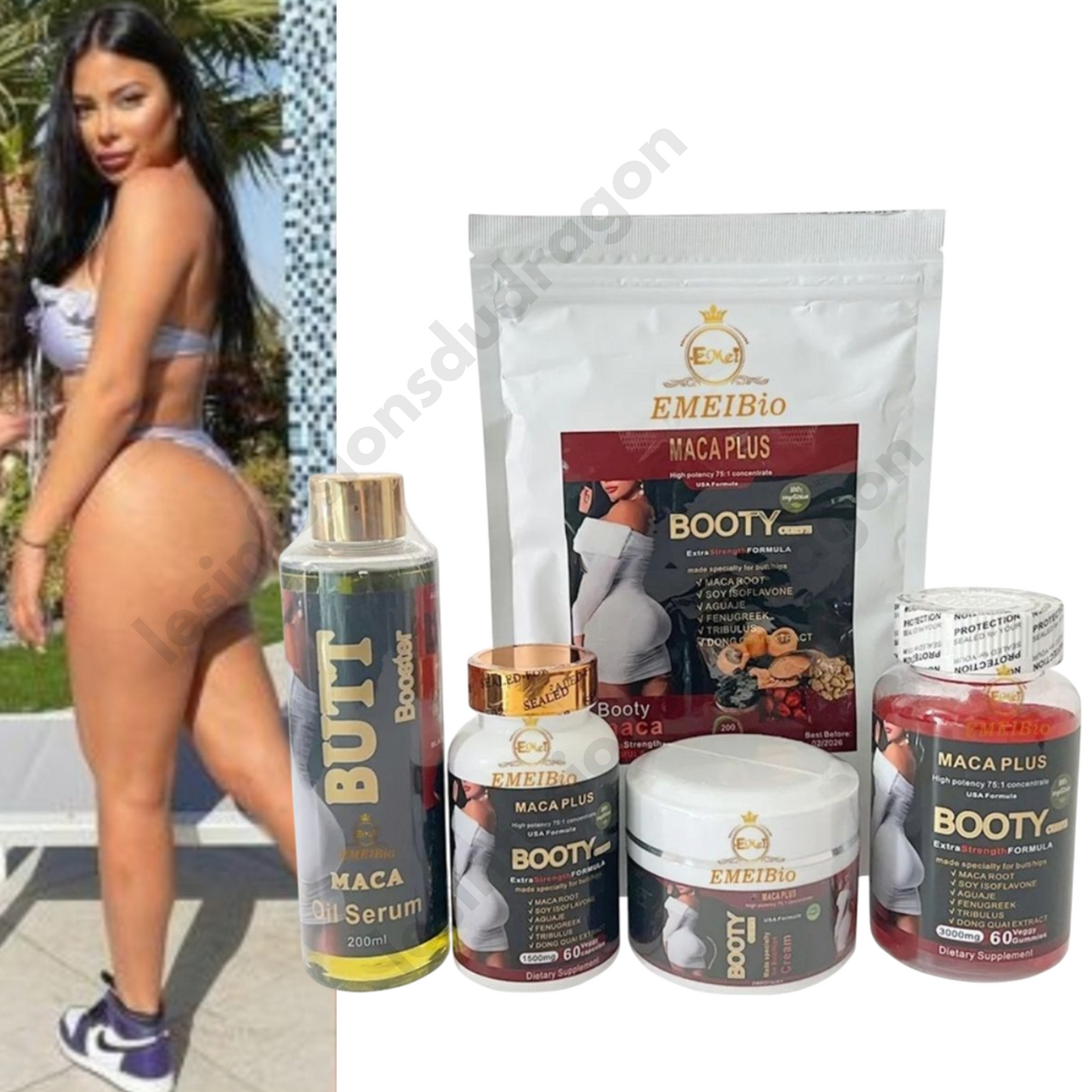 Coffret : Huile Sérum 200ml + Crème 200g + 60 Capsules + 60 Gummies + poudre de maca 200g