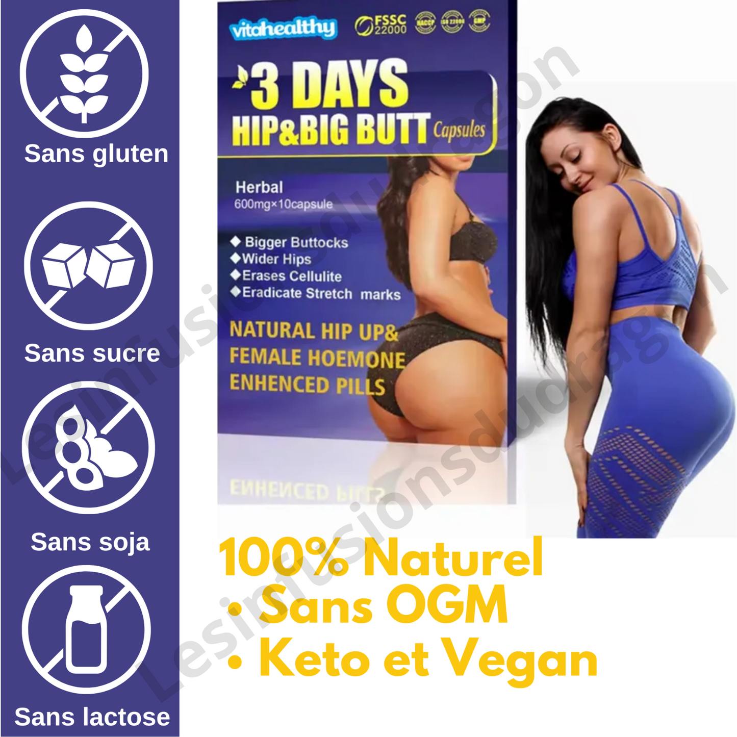 POUR ÉLARGISSEMENT DES FESSES, HANCHES 60 CAPSULES pour avoir de grosses fesses