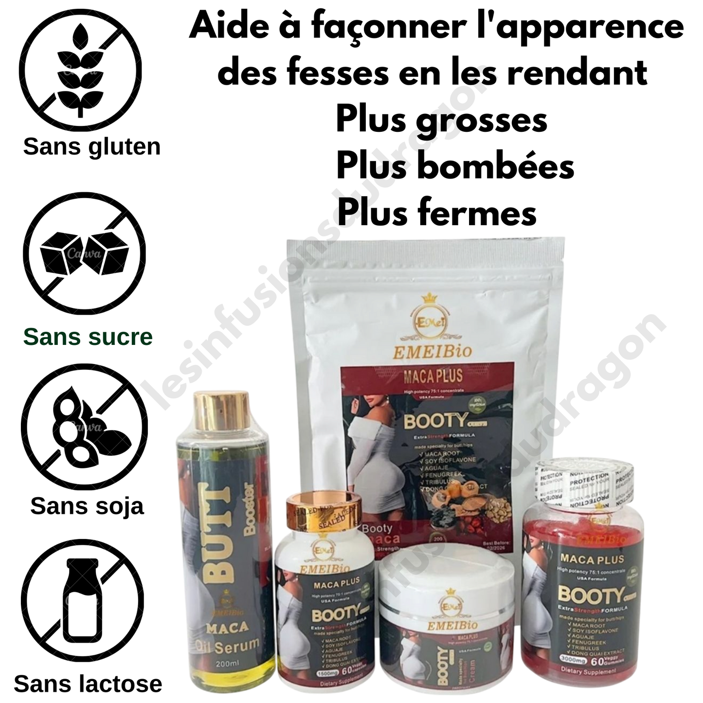 Coffret : Huile Sérum 200ml + Crème 200g + 60 Capsules + 60 Gummies + poudre de maca 200g