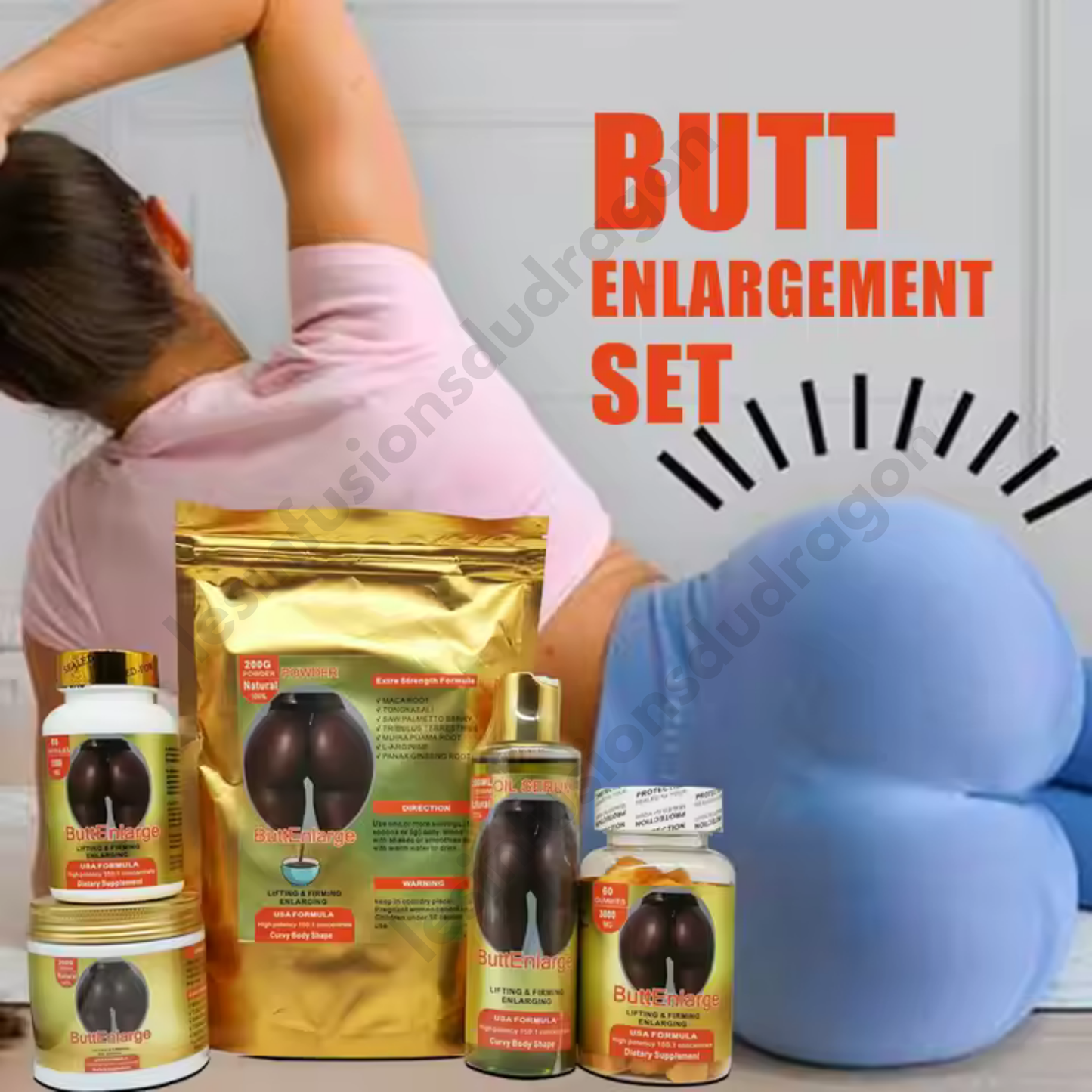 Coffret super dosé : Huile Sérum ButtEnlarge 200ml + Crème ButtEnlarge 200g + 60 Capsules ButtEnlarge 1500 mg + 60 Gummies ButtEnlarge 3000 mg + Poudre de maca ButtEnlarge 200g