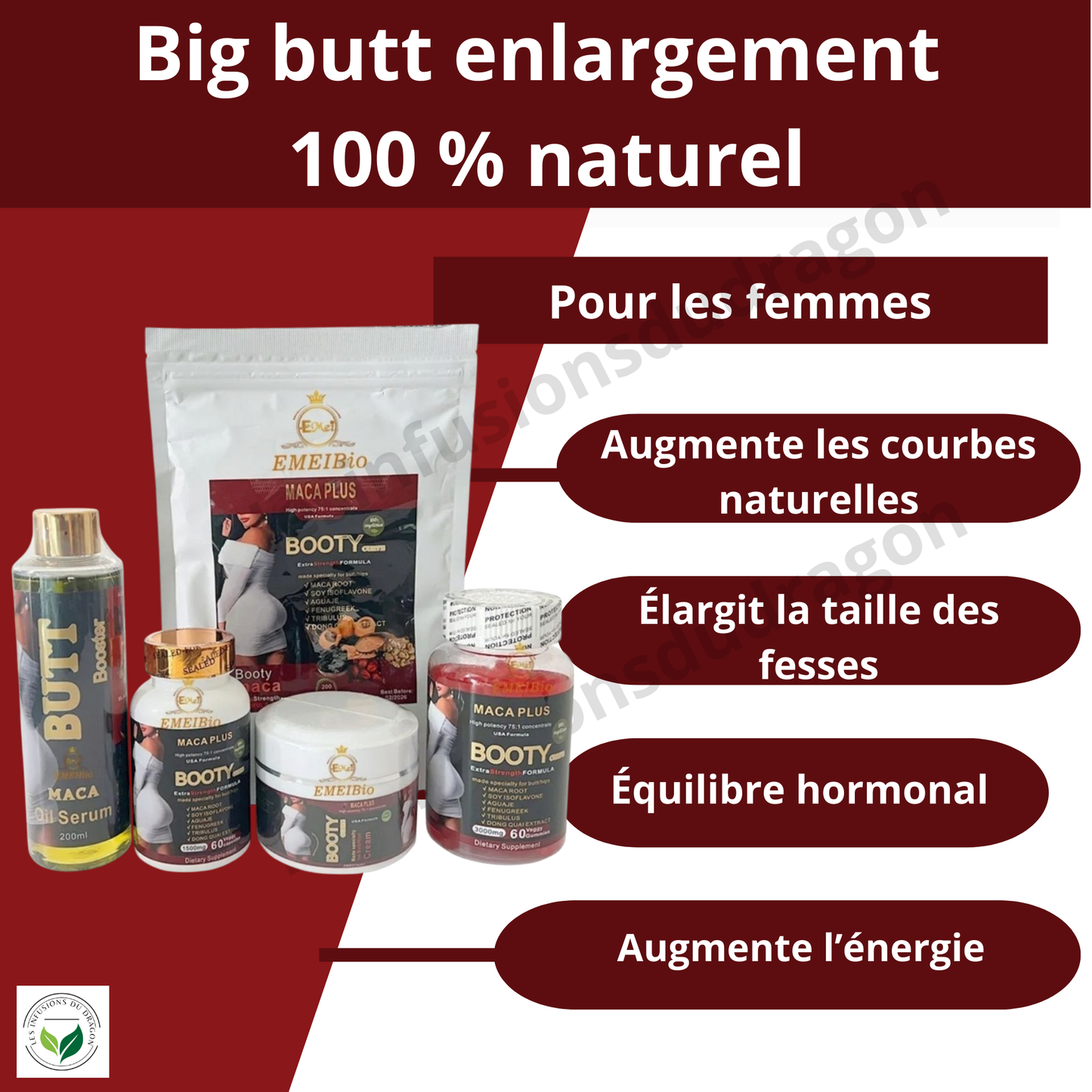 Coffret : Huile Sérum 200ml + Crème 200g + 60 Capsules + 60 Gummies + poudre de maca 200g