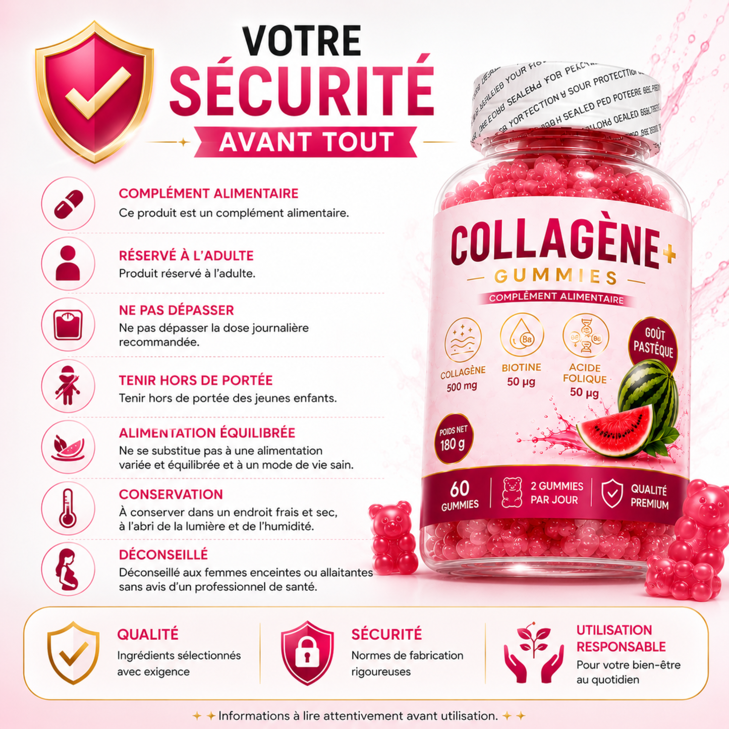Collagène+ Gummies, un complément alimentaire au délicieux goût pastèque, facile à intégrer dans votre routine quotidienne.
