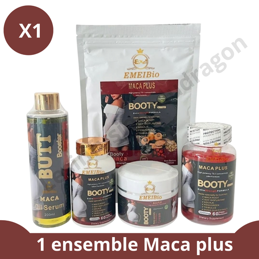 Coffret : Huile Sérum 200ml + Crème 200g + 60 Capsules + 60 Gummies + poudre de maca 200g