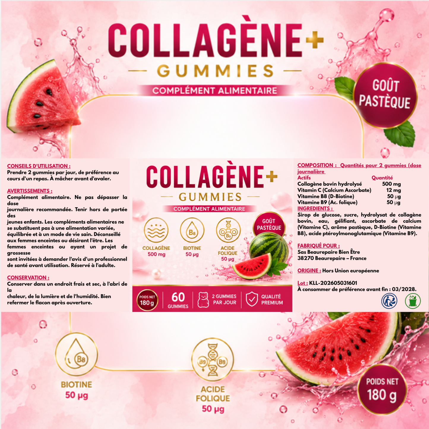 Collagène+ Gummies, un complément alimentaire au délicieux goût pastèque, facile à intégrer dans votre routine quotidienne.