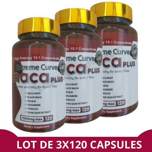 EXTREME CURVE MACA PLUS. Dosé à 15000 mg pour plus de résultat. 3 flacons