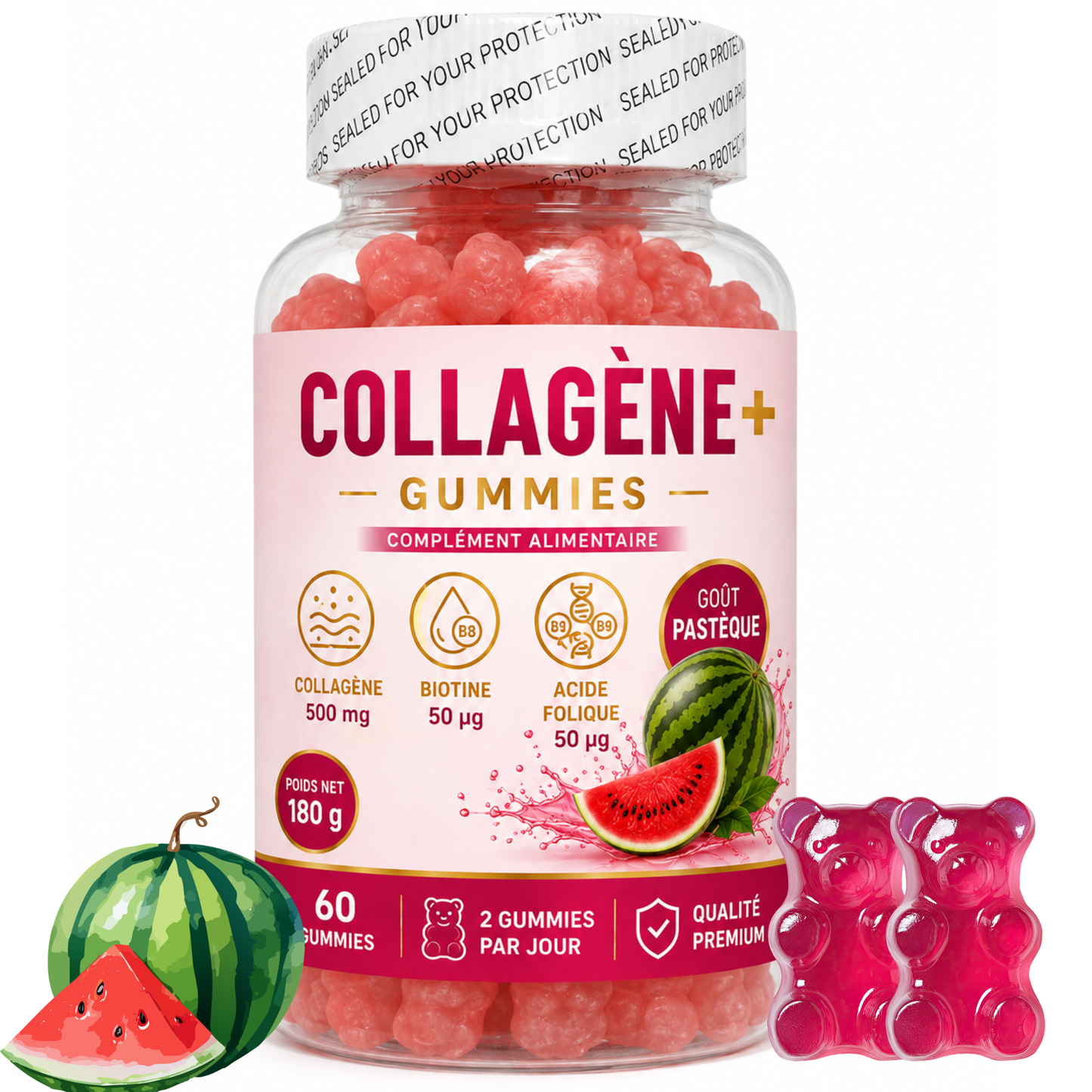 Collagène+ Gummies, un complément alimentaire au délicieux goût pastèque, facile à intégrer dans votre routine quotidienne.