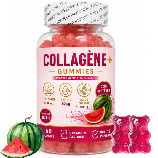 Collagène+ Gummies, un complément alimentaire au délicieux goût pastèque, facile à intégrer dans votre routine quotidienne.