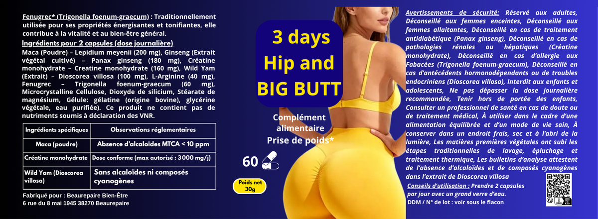 Complément alimentaire Maca & Ginseng – 60 capsules- 3 days hip and big butt