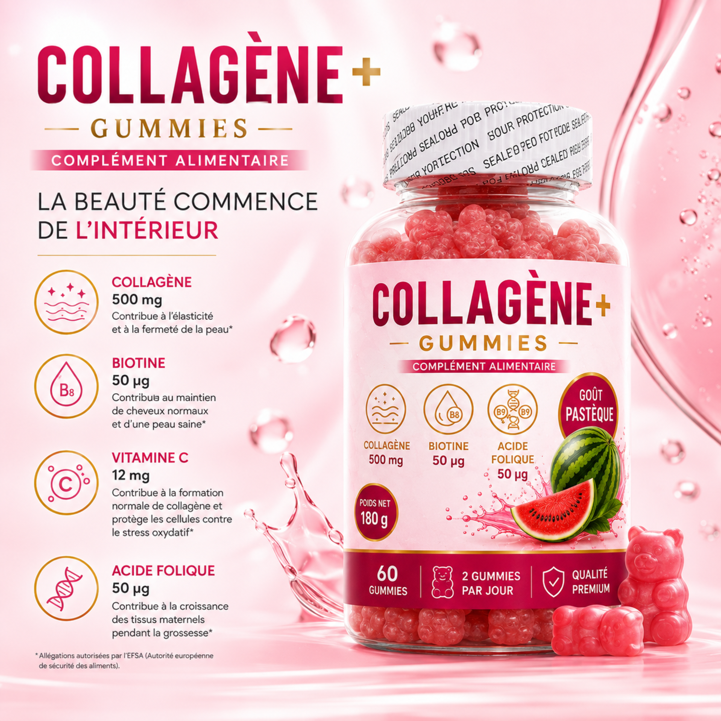 Collagène+ Gummies, un complément alimentaire au délicieux goût pastèque, facile à intégrer dans votre routine quotidienne.