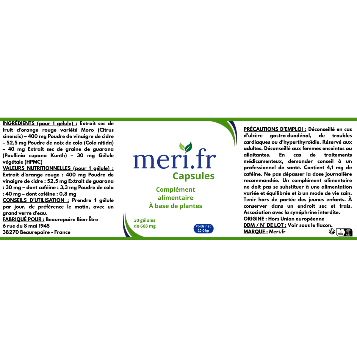 MERI.FR CAPSULES – Complément alimentaire à base de plantes – 30 gélules