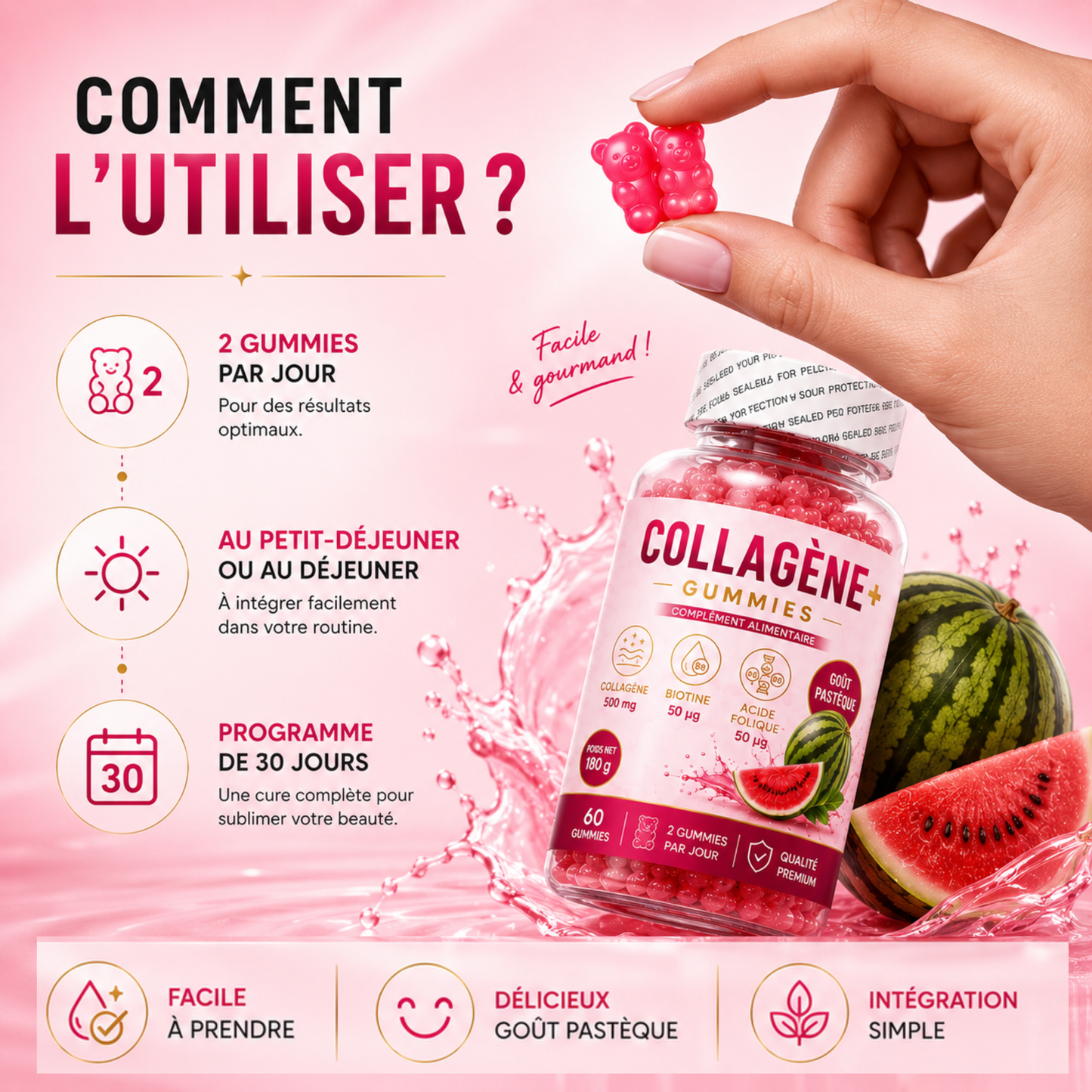Collagène+ Gummies, un complément alimentaire au délicieux goût pastèque, facile à intégrer dans votre routine quotidienne.