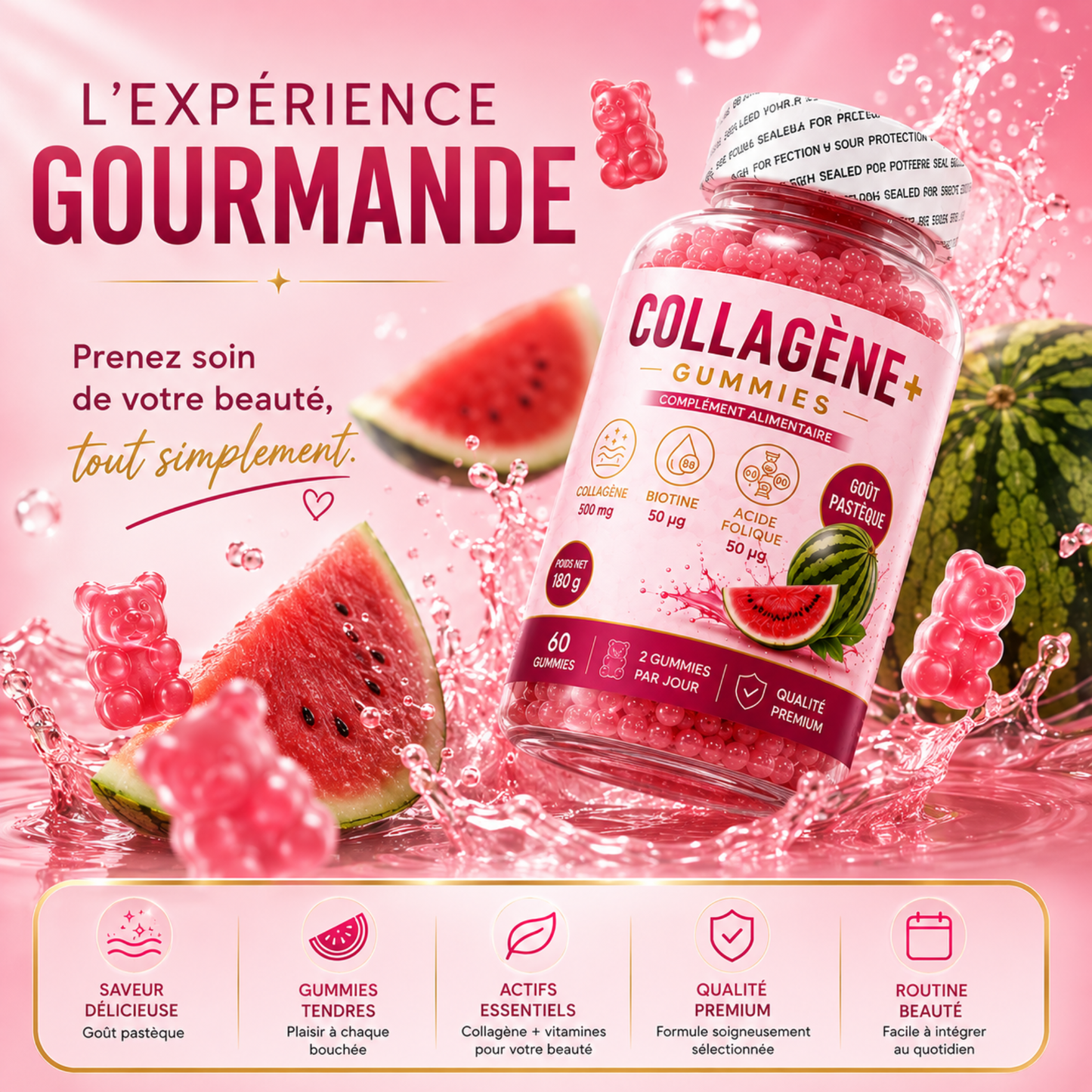 Collagène+ Gummies, un complément alimentaire au délicieux goût pastèque, facile à intégrer dans votre routine quotidienne.