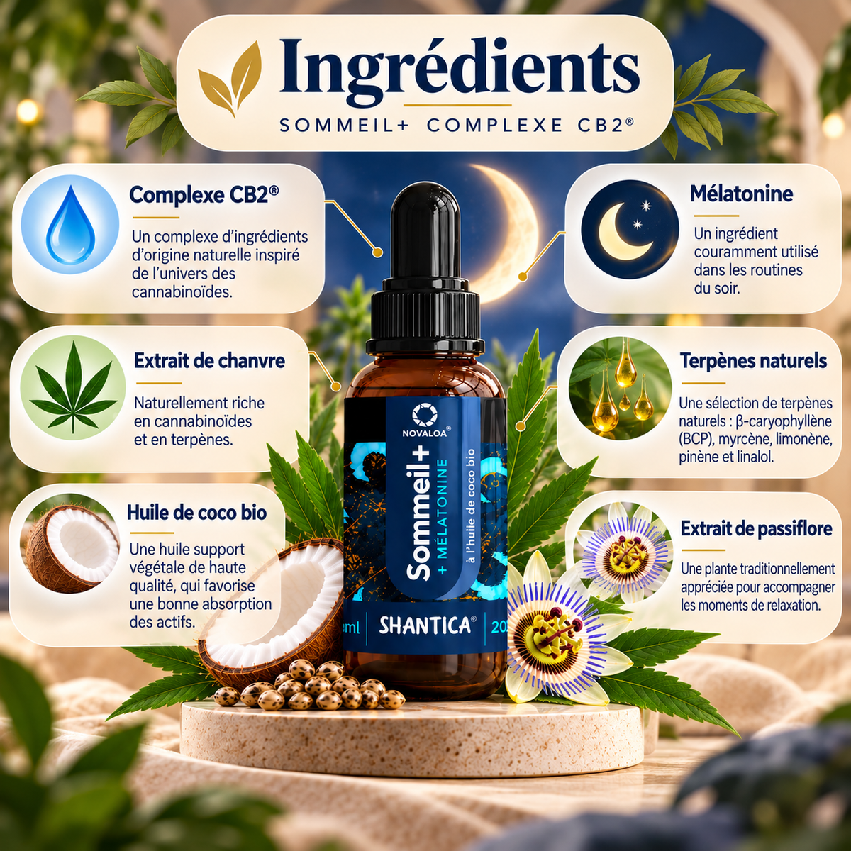 SOMMEIL+ – Complexe CB2® + Mélatonine Une formule complète à base d’ingrédients sélectionnés, dans un format pratique en gouttes.
