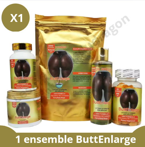 Coffret super dosé : Huile Sérum ButtEnlarge 200ml + Crème ButtEnlarge 200g + 60 Capsules ButtEnlarge 1500 mg + 60 Gummies ButtEnlarge 3000 mg + Poudre de maca ButtEnlarge 200g