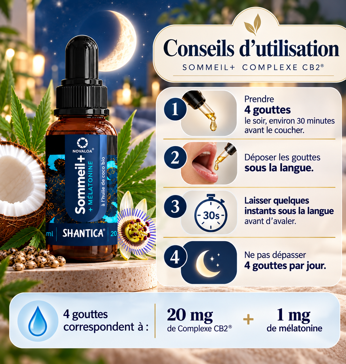 SOMMEIL+ – Complexe CB2® + Mélatonine Une formule complète à base d’ingrédients sélectionnés, dans un format pratique en gouttes.