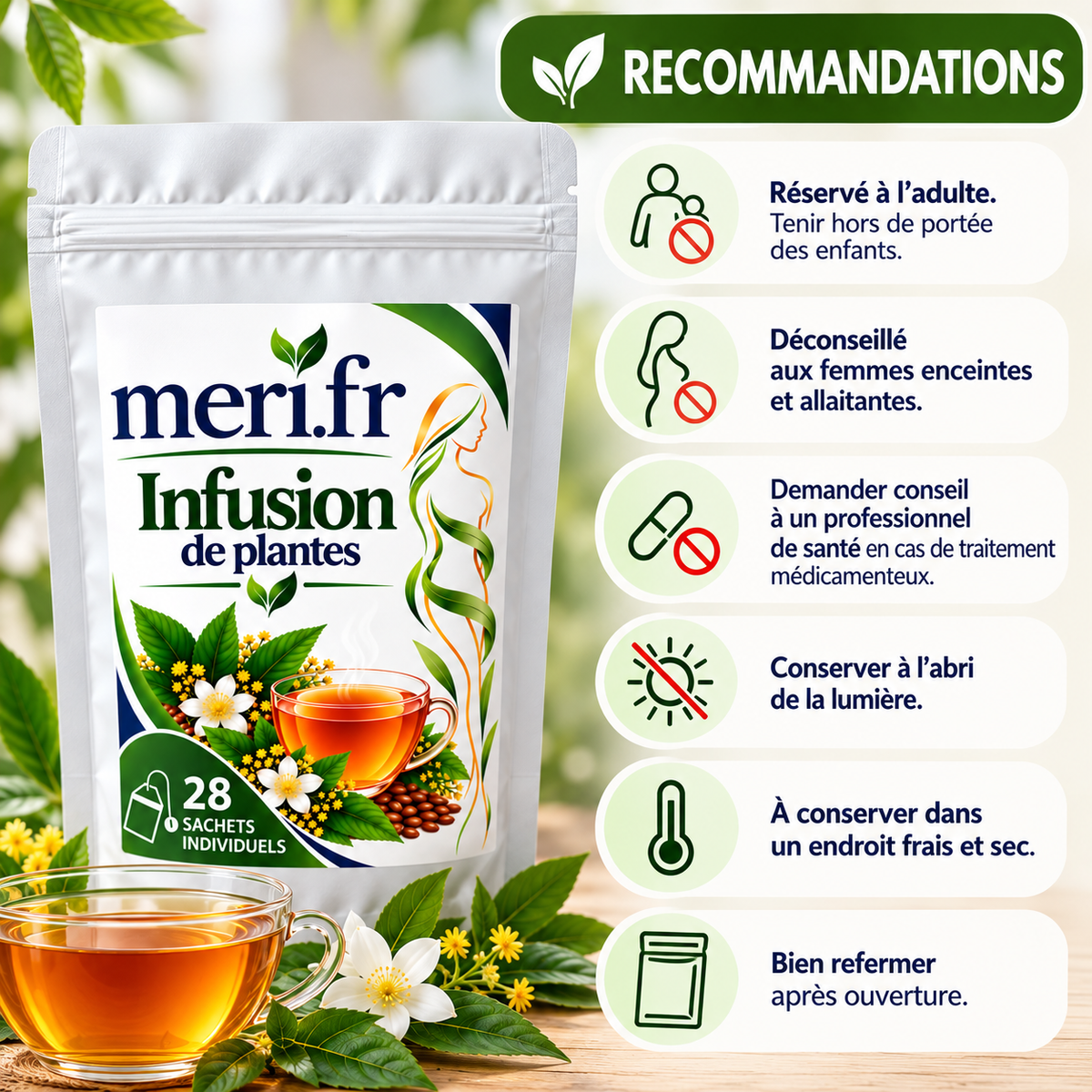 Meri.fr Infusion de Plantes – 28 Sachets Individuels – Tisane aux Plantes – Boisson Chaude ou Froide – Pause Bien-Être au Quotidien