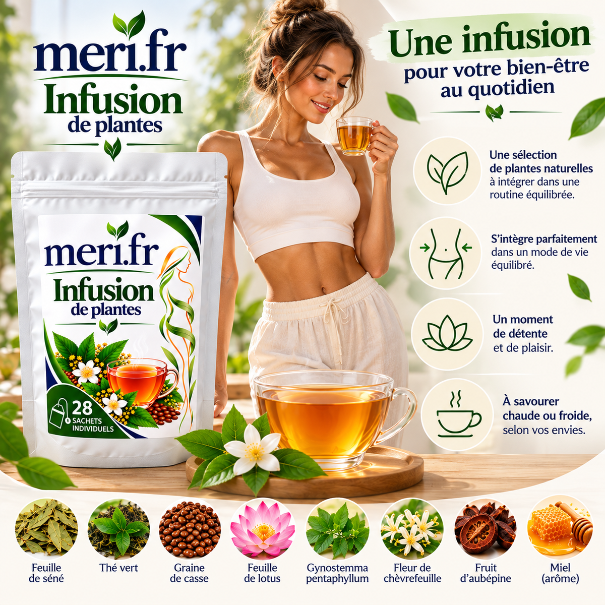 Meri.fr Infusion de Plantes – 28 Sachets Individuels – Tisane aux Plantes – Boisson Chaude ou Froide – Pause Bien-Être au Quotidien