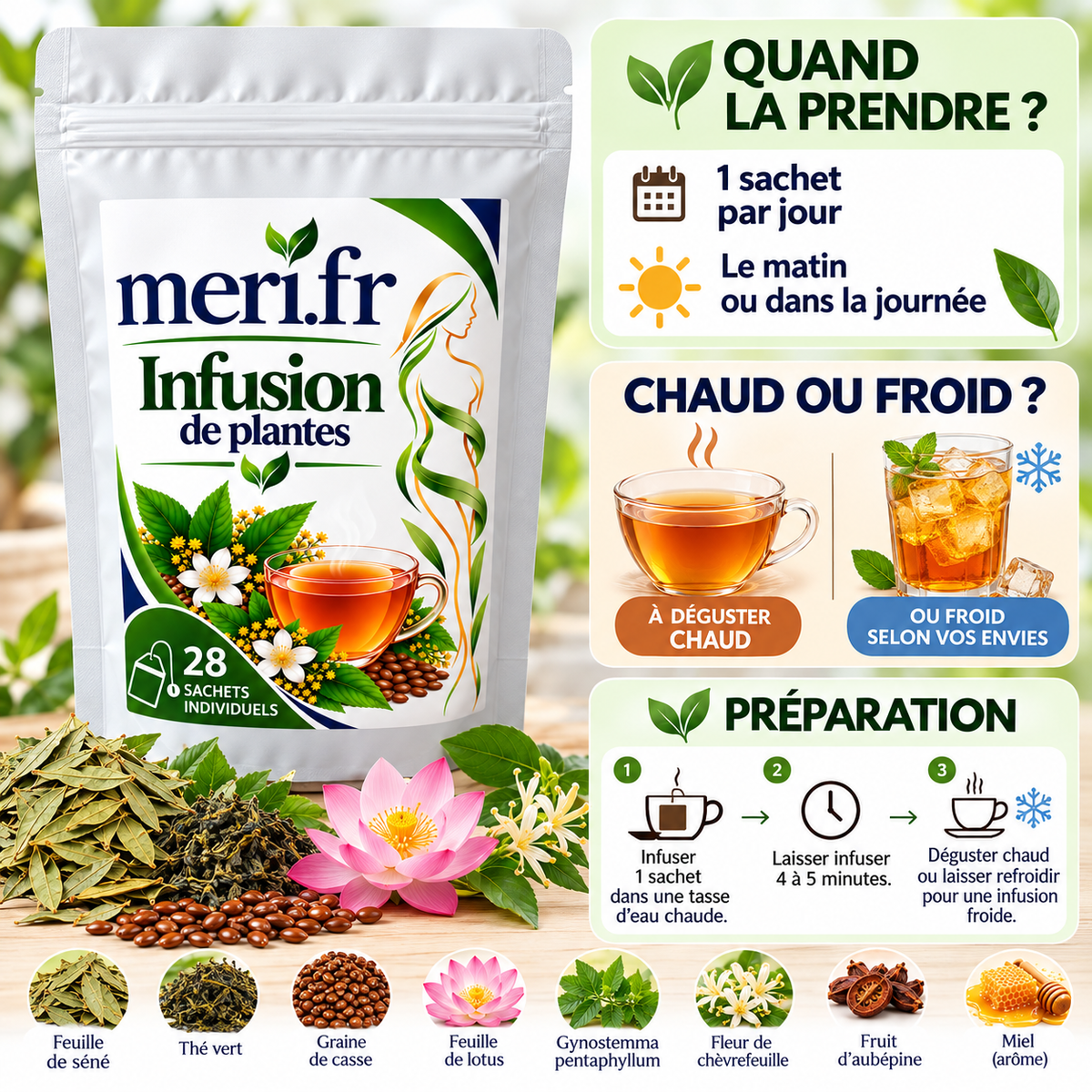 Meri.fr Infusion de Plantes – 28 Sachets Individuels – Tisane aux Plantes – Boisson Chaude ou Froide – Pause Bien-Être au Quotidien