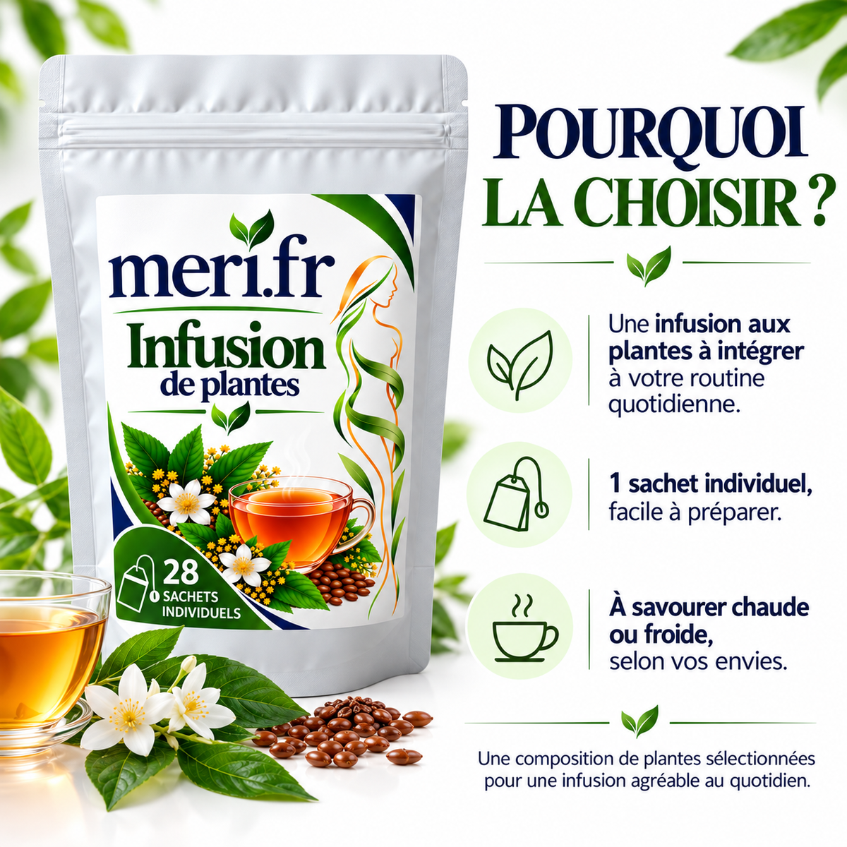 Meri.fr Infusion de Plantes – 28 Sachets Individuels – Tisane aux Plantes – Boisson Chaude ou Froide – Pause Bien-Être au Quotidien