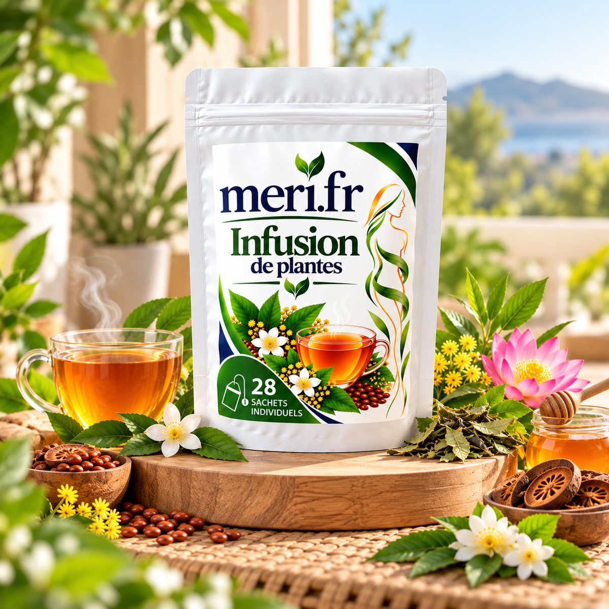 Meri.fr Infusion de Plantes – 28 Sachets Individuels – Tisane aux Plantes – Boisson Chaude ou Froide – Pause Bien-Être au Quotidien