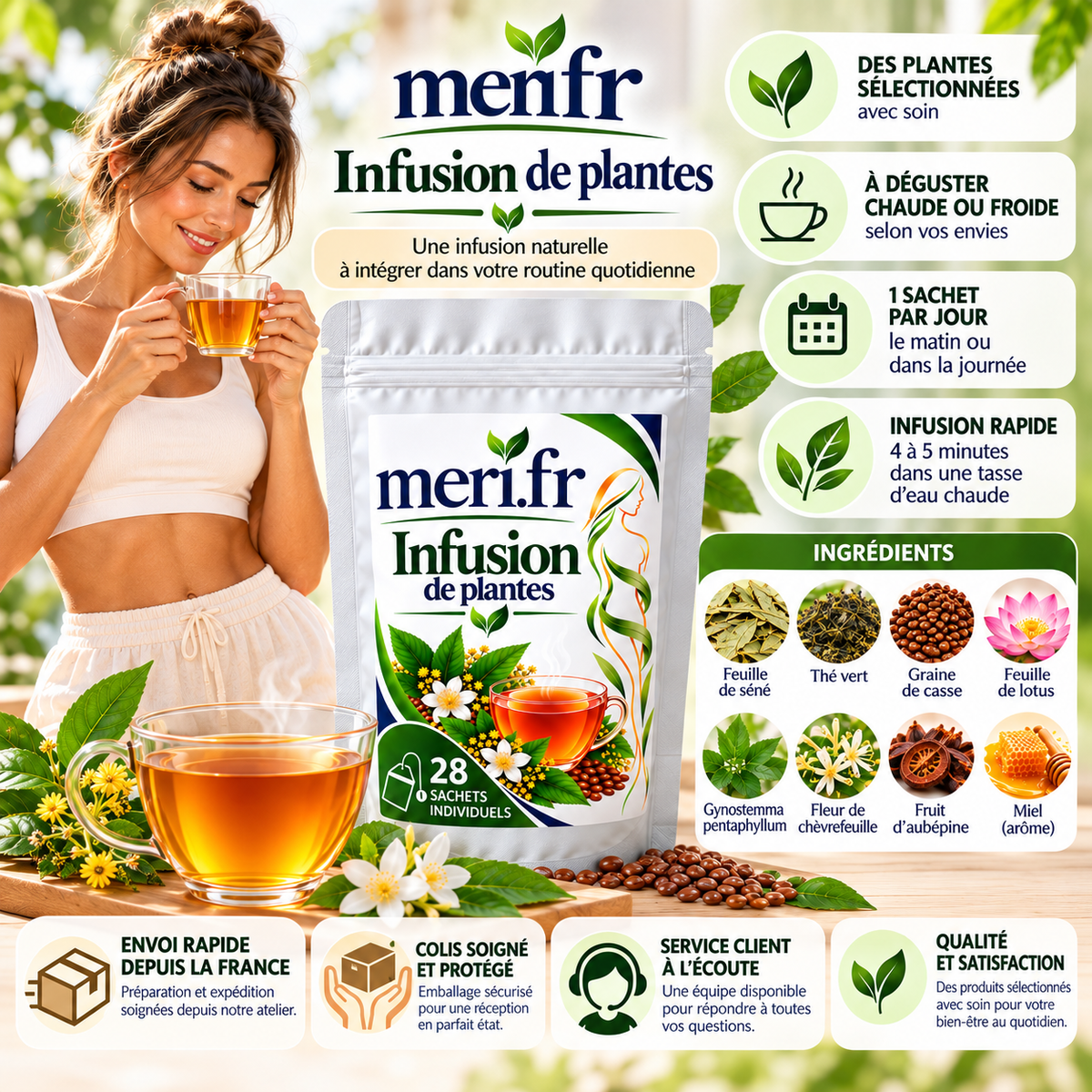 Meri.fr Infusion de Plantes – 28 Sachets Individuels – Tisane aux Plantes – Boisson Chaude ou Froide – Pause Bien-Être au Quotidien